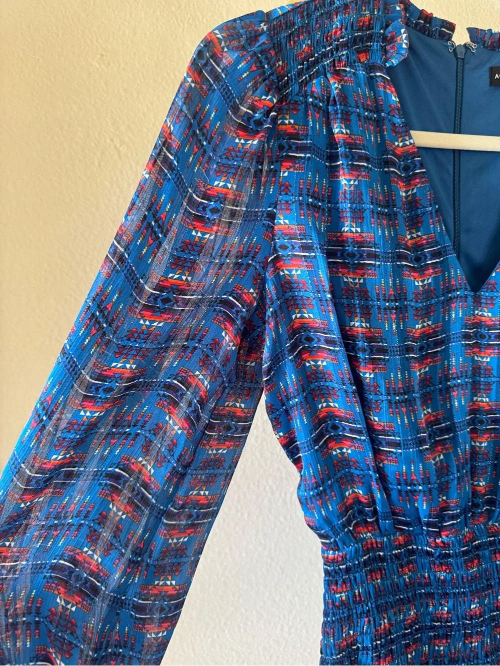 Aqua Blue and Red Patterned Long Sleeve Smocked Mini Dress - Picture 4 of 5
